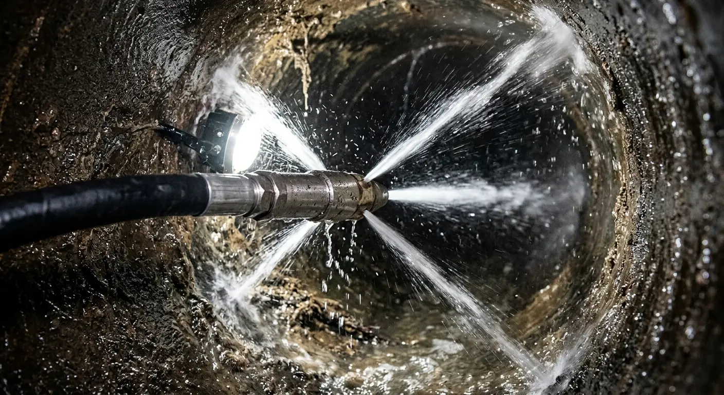 High-pressure hydro jetting nozzle cleaning sewer pipe for Sewer Cleanout in Hampton